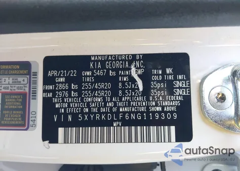 2022 Kia Sorento Sx из США, поврежденный, VIN 5XYRKDLF6NG119309